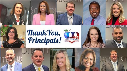 All 12 principals and the PreK administrator for Madison City Schools in a composite photo